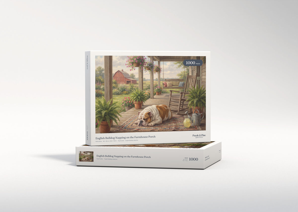 English Bulldog Napping on the Farmhouse Porch jigsaw puzzle - gift box