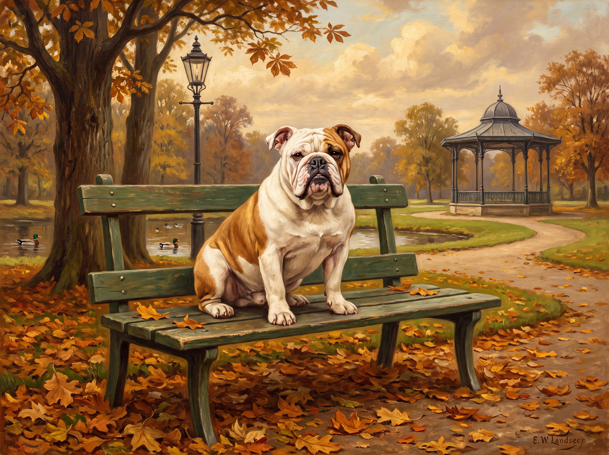 English Bulldog on the Autumn Park Bench jigsaw puzzle