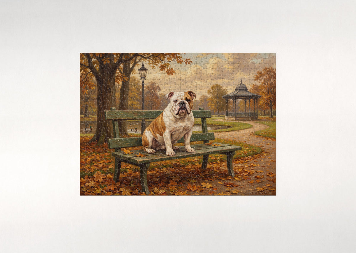 English Bulldog on the Autumn Park Bench jigsaw puzzle - flat puzzle