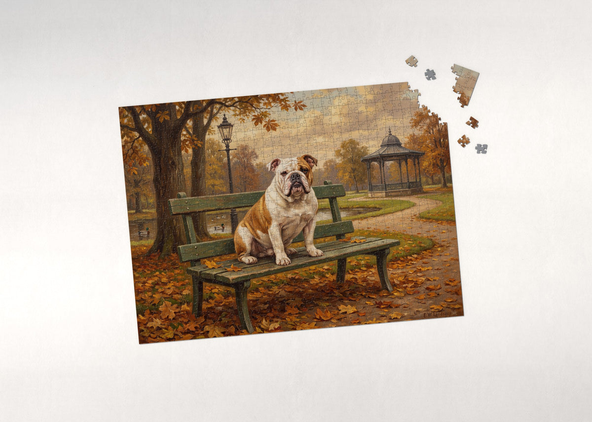 English Bulldog on the Autumn Park Bench jigsaw puzzle - puzzle with loose pieces