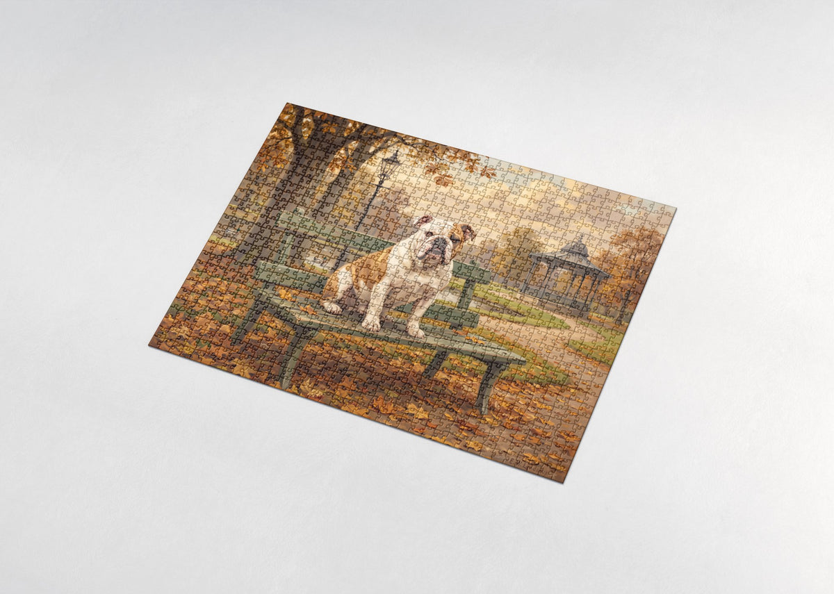 English Bulldog on the Autumn Park Bench jigsaw puzzle - assembled puzzle
