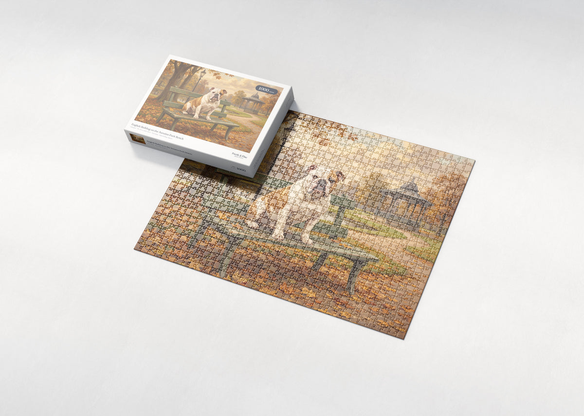 English Bulldog on the Autumn Park Bench jigsaw puzzle - box and puzzle