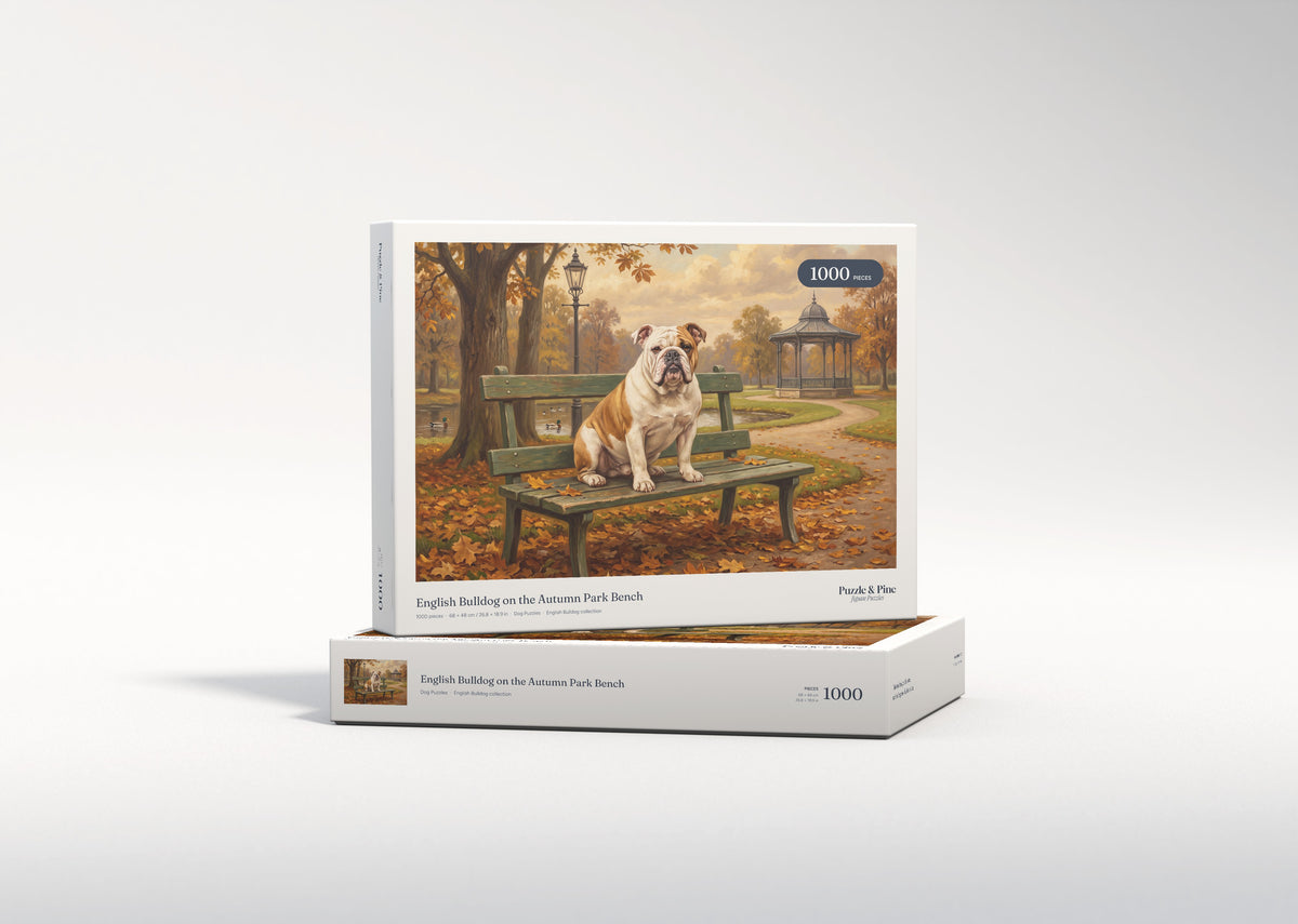 English Bulldog on the Autumn Park Bench jigsaw puzzle - gift box
