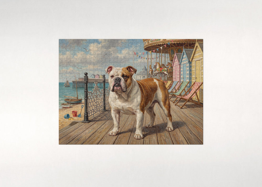English Bulldog on the Seaside Boardwalk jigsaw puzzle - gift box
