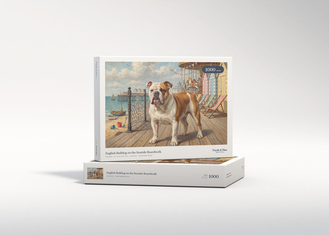 English Bulldog on the Seaside Boardwalk jigsaw puzzle - gift box