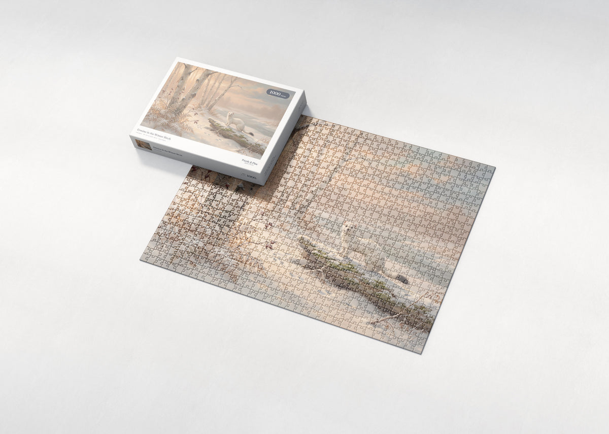 Ermine in the Winter Birch jigsaw puzzle - box and puzzle