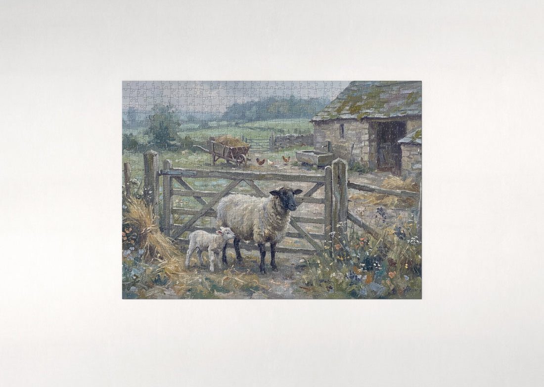 Ewe and Lamb at the Farm Gate jigsaw puzzle - gift box