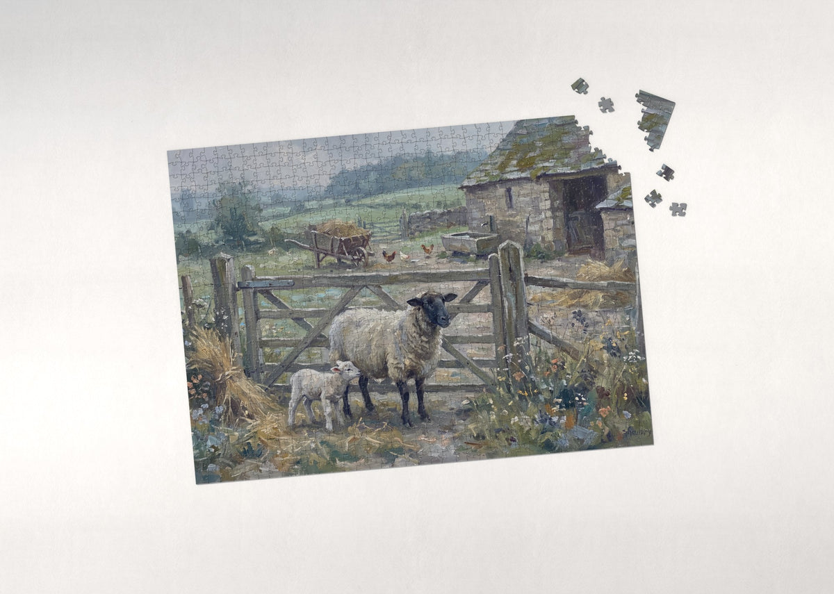 Ewe and Lamb at the Farm Gate jigsaw puzzle - puzzle with loose pieces