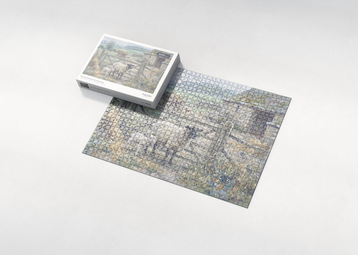 Ewe and Lamb at the Farm Gate jigsaw puzzle - box and puzzle
