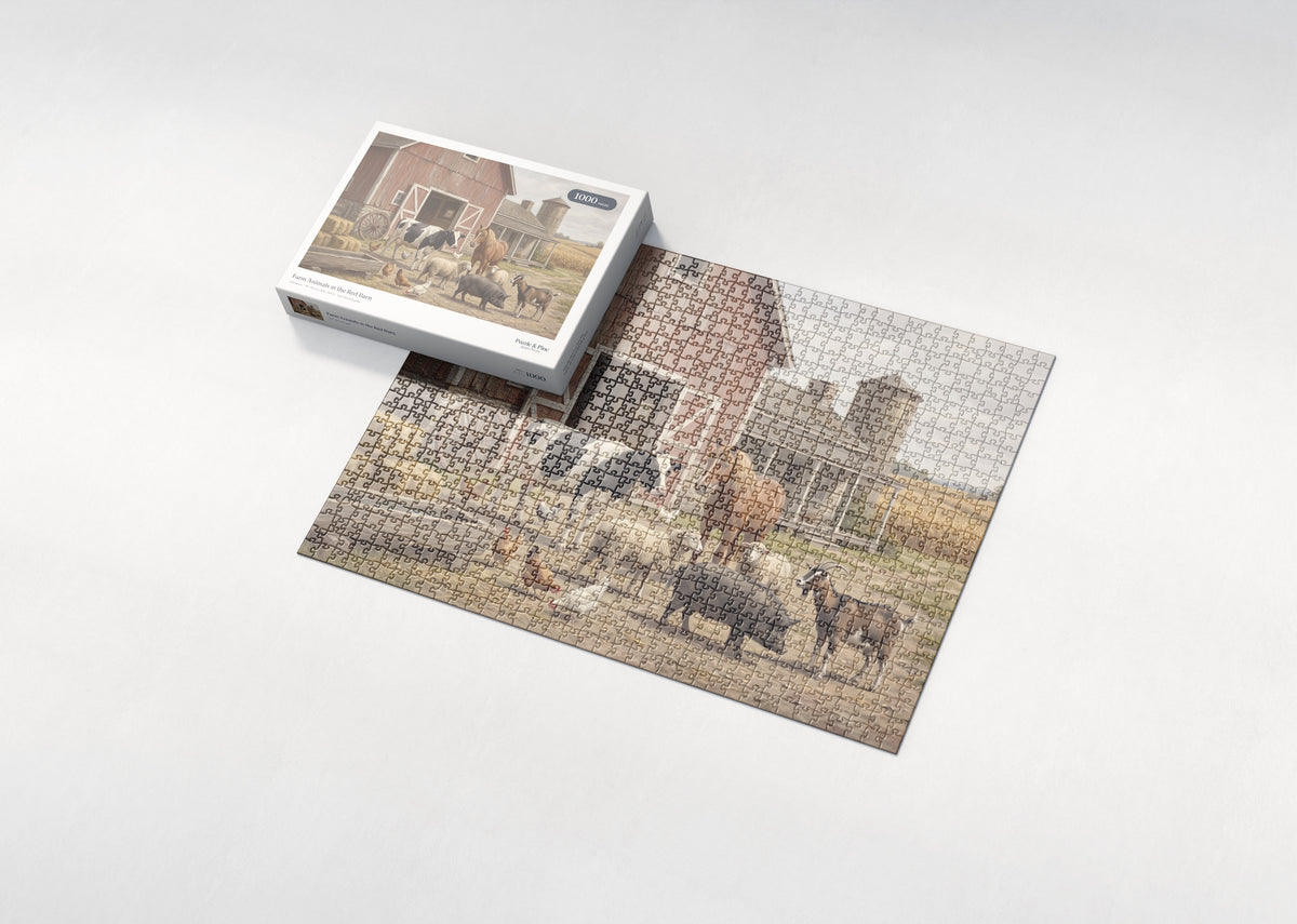 Farm Animals at the Red Barn jigsaw puzzle - box and puzzle
