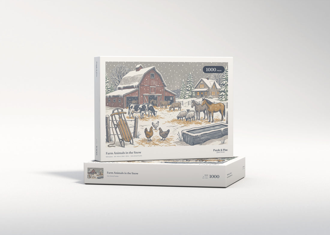 Farm Animals in the Snow jigsaw puzzle - gift box