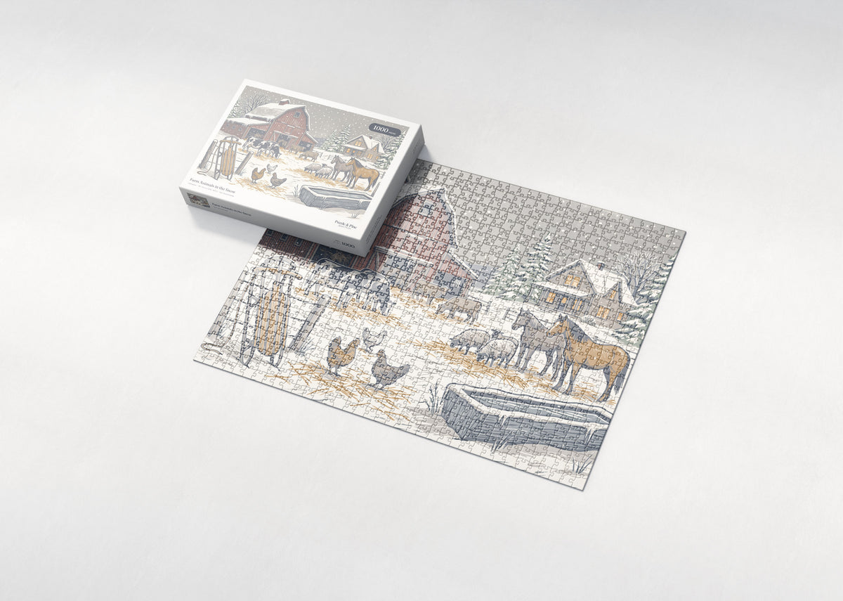 Farm Animals in the Snow jigsaw puzzle - box and puzzle