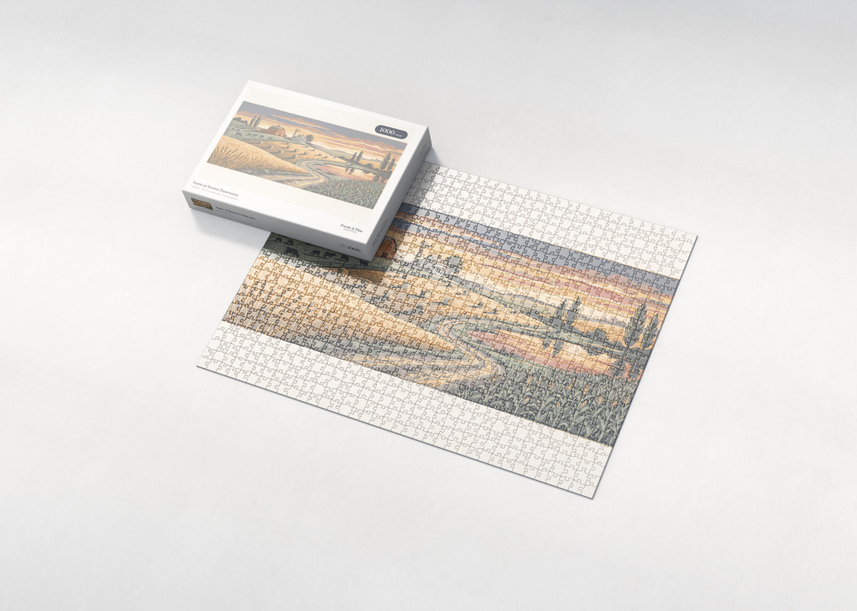 Farm at Sunset Panorama jigsaw puzzle - box and puzzle