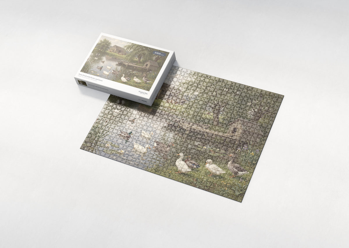 Farm Pond with Ducks and Geese jigsaw puzzle - box and puzzle