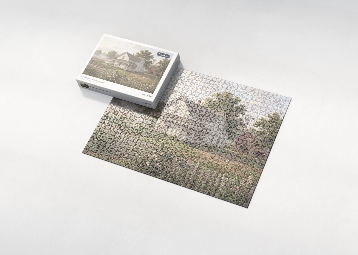 Farmhouse in the Morning Light jigsaw puzzle - box and puzzle