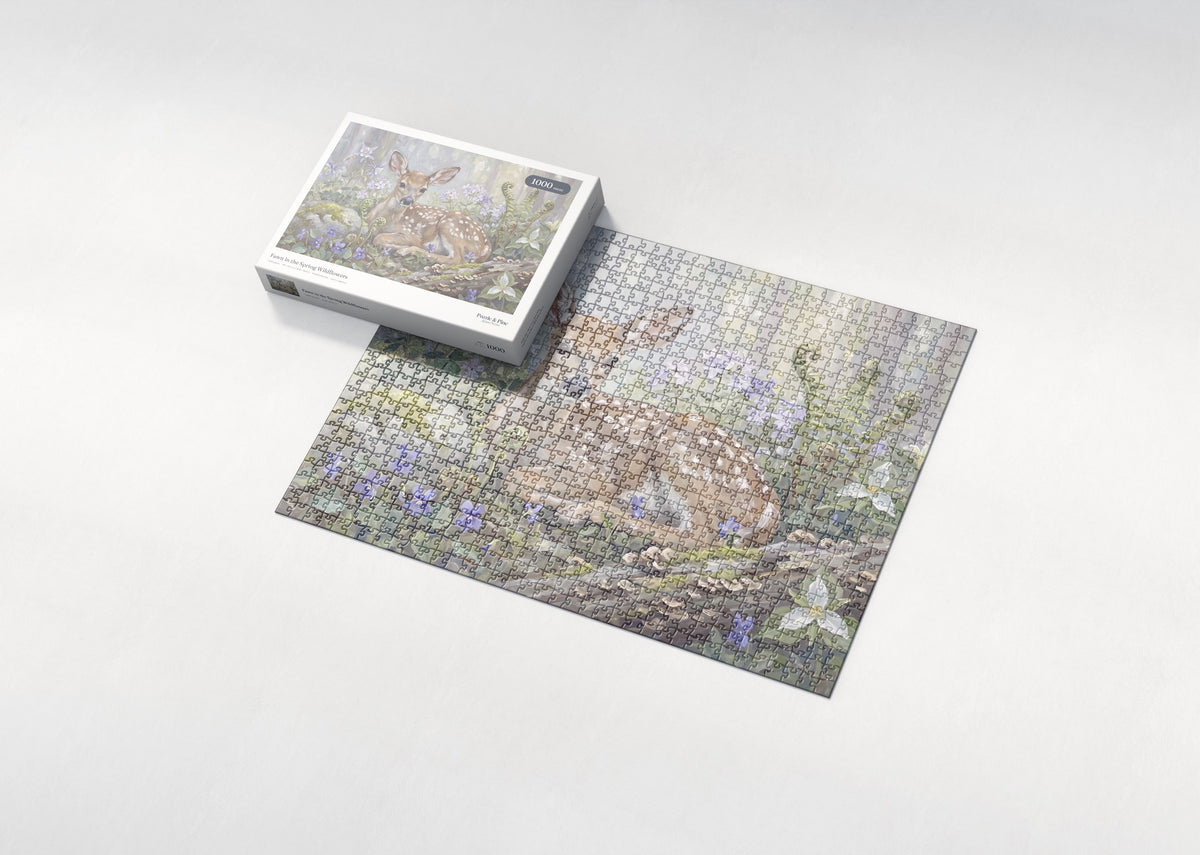 Fawn in the Spring Wildflowers jigsaw puzzle - box and puzzle