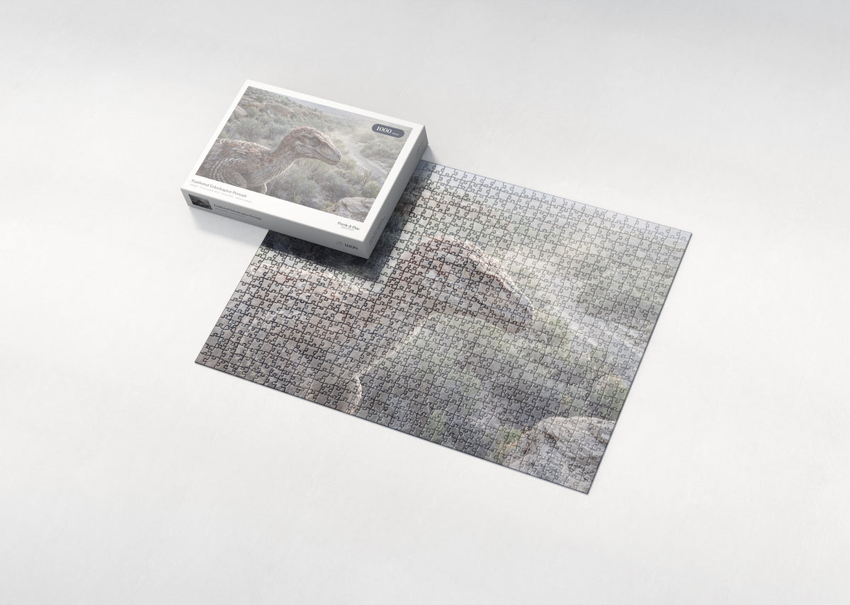 Feathered Velociraptor Portrait jigsaw puzzle - box and puzzle