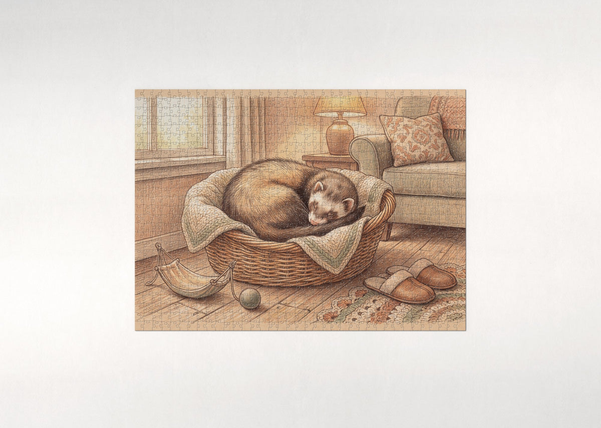 Ferret Curled in the Basket jigsaw puzzle - flat puzzle
