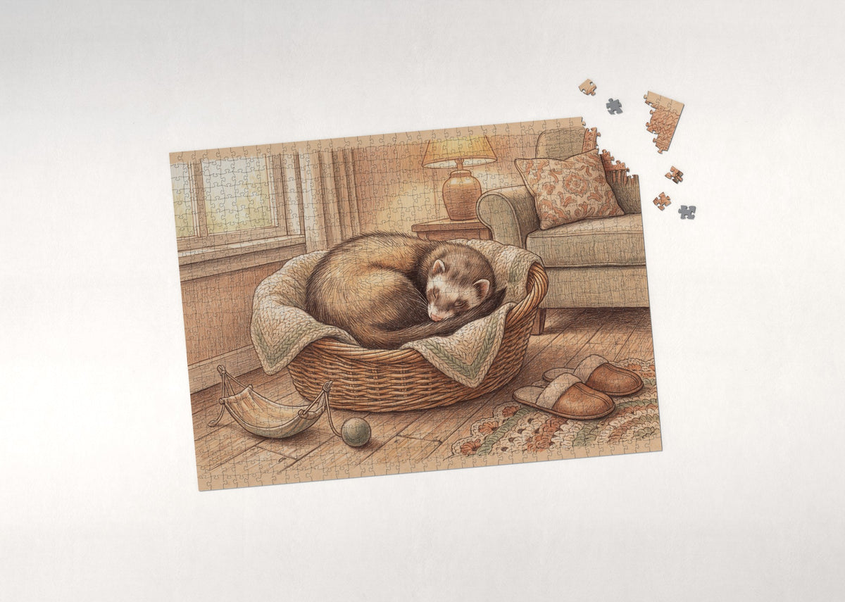Ferret Curled in the Basket jigsaw puzzle - puzzle with loose pieces
