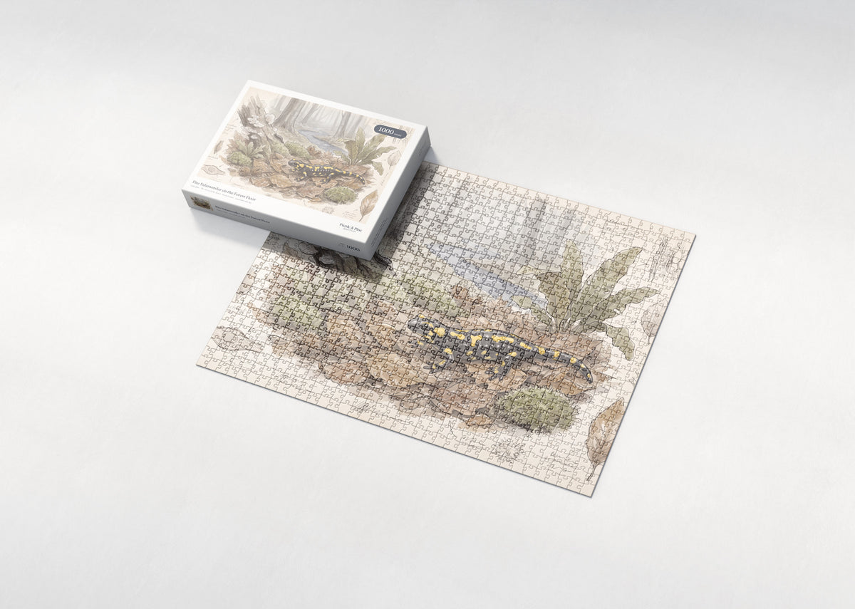 Fire Salamander on the Forest Floor jigsaw puzzle - box and puzzle