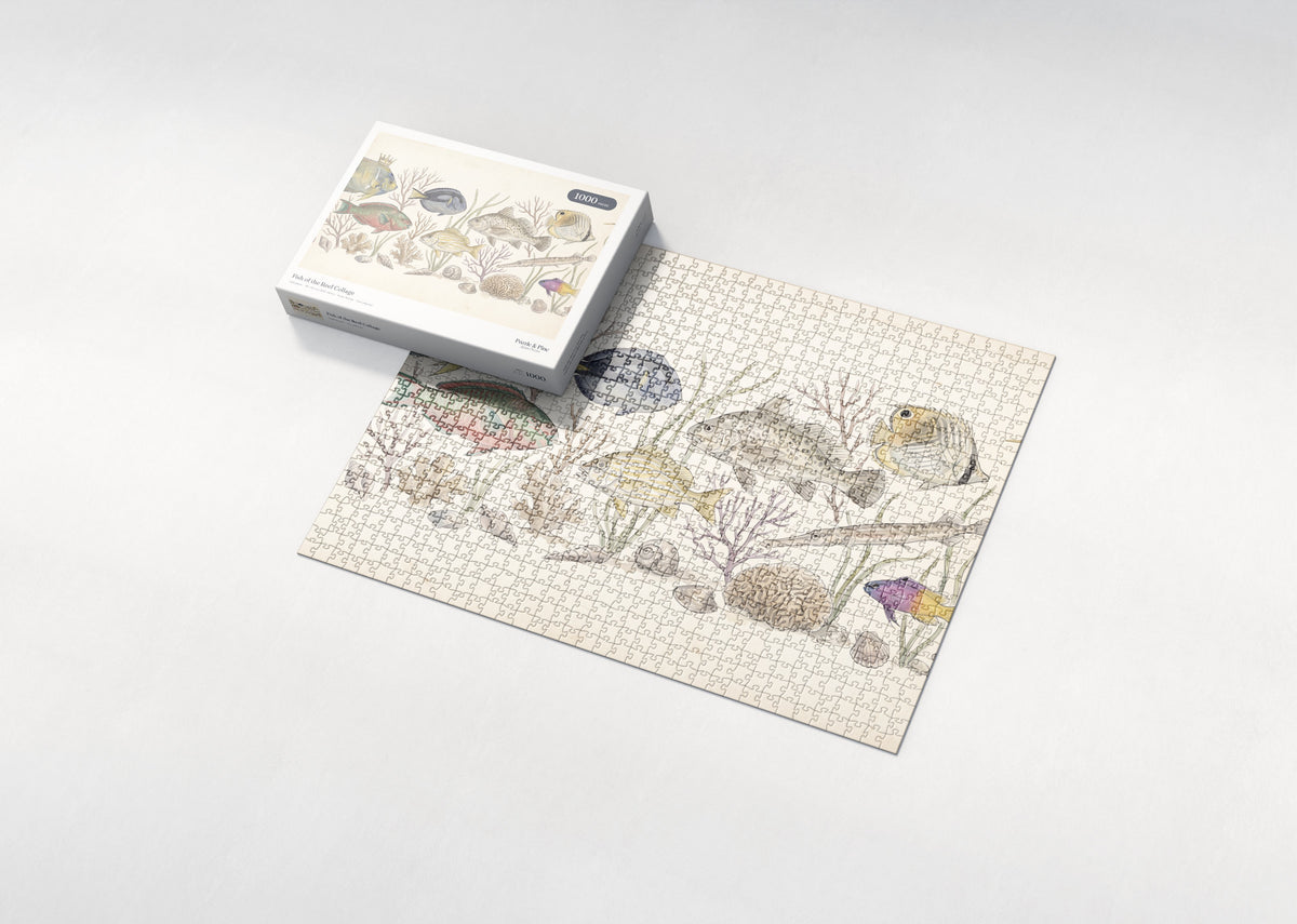 Fish of the Reef Collage jigsaw puzzle - box and puzzle