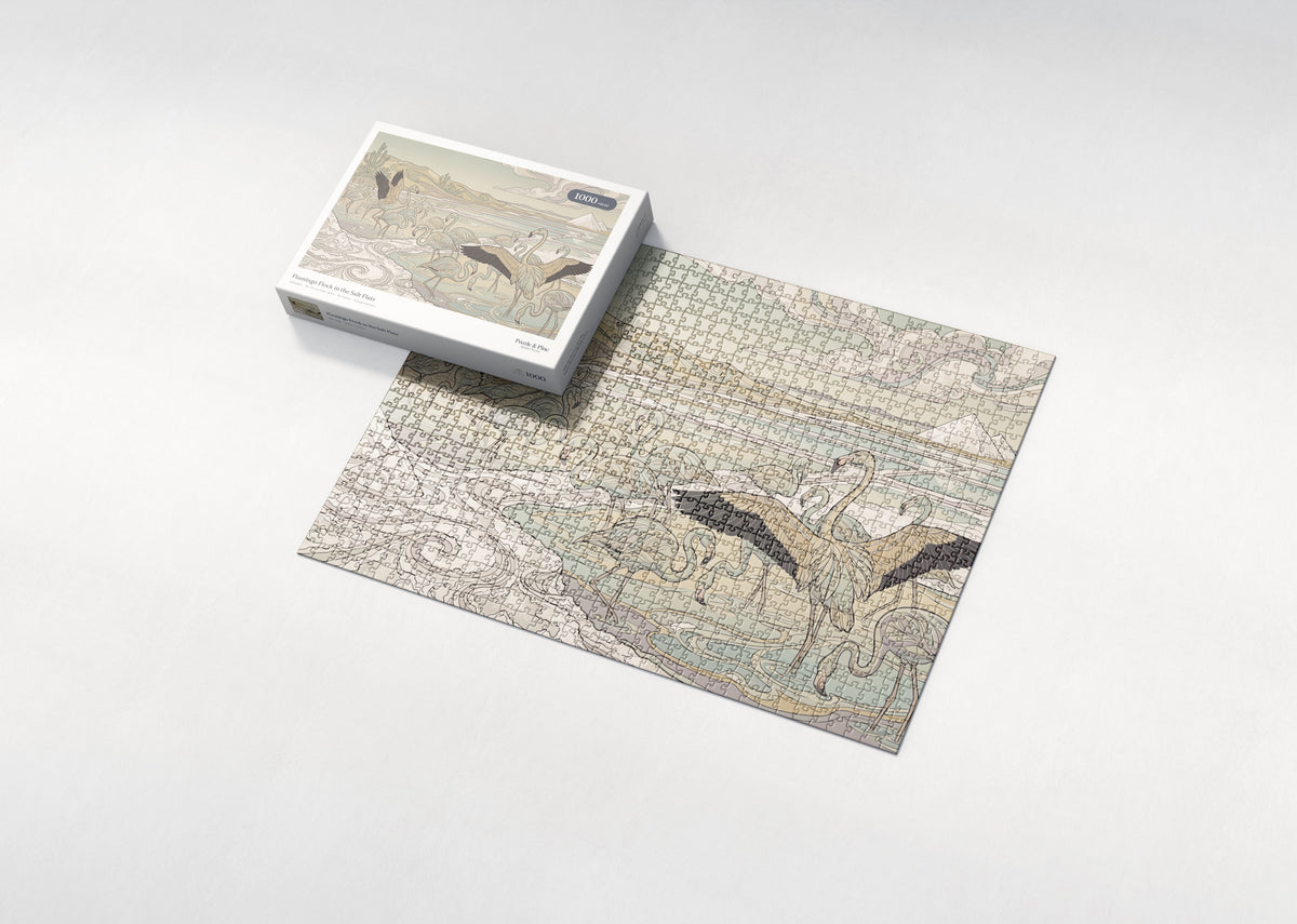 Flamingo Flock in the Salt Flats jigsaw puzzle - box and puzzle