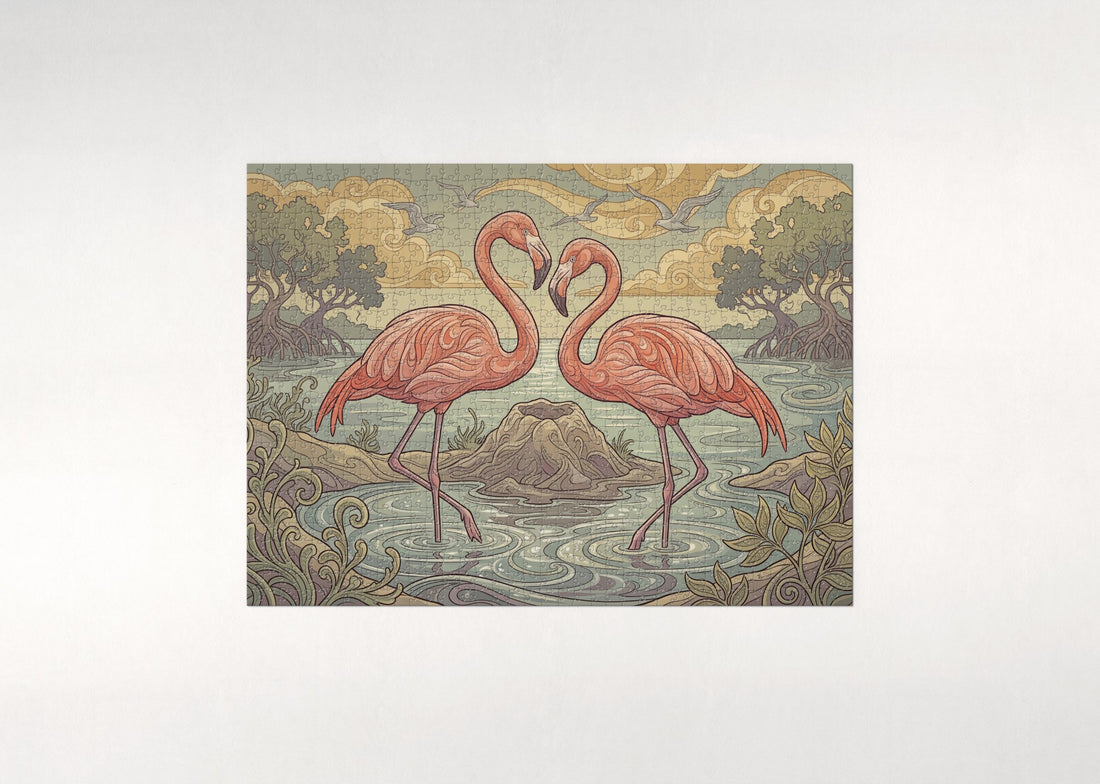 Flamingo Pair at Golden Hour jigsaw puzzle - gift box