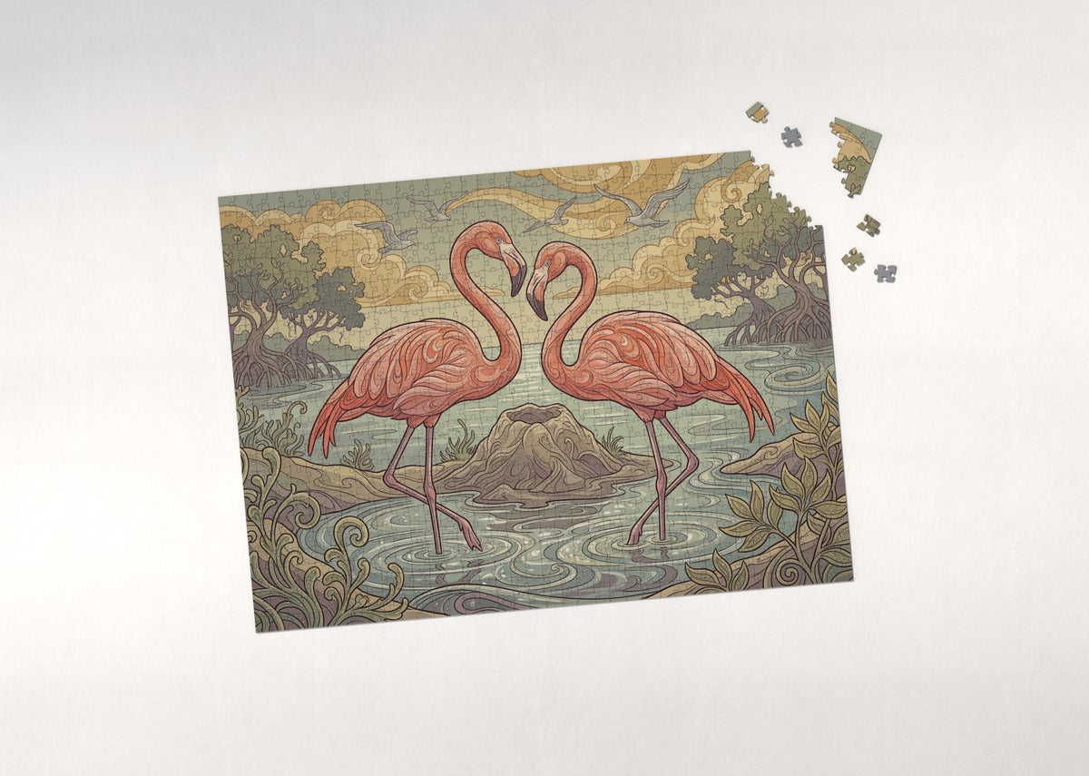 Flamingo Pair at Golden Hour jigsaw puzzle - puzzle with loose pieces