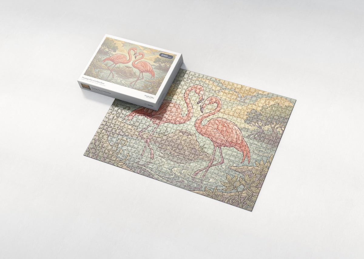 Flamingo Pair at Golden Hour jigsaw puzzle - box and puzzle