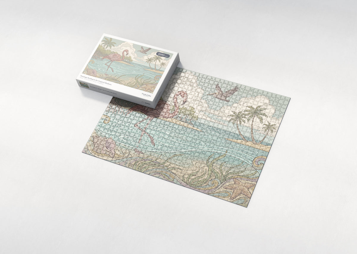 Flamingo Wading in the Tropical Shallows jigsaw puzzle - box and puzzle