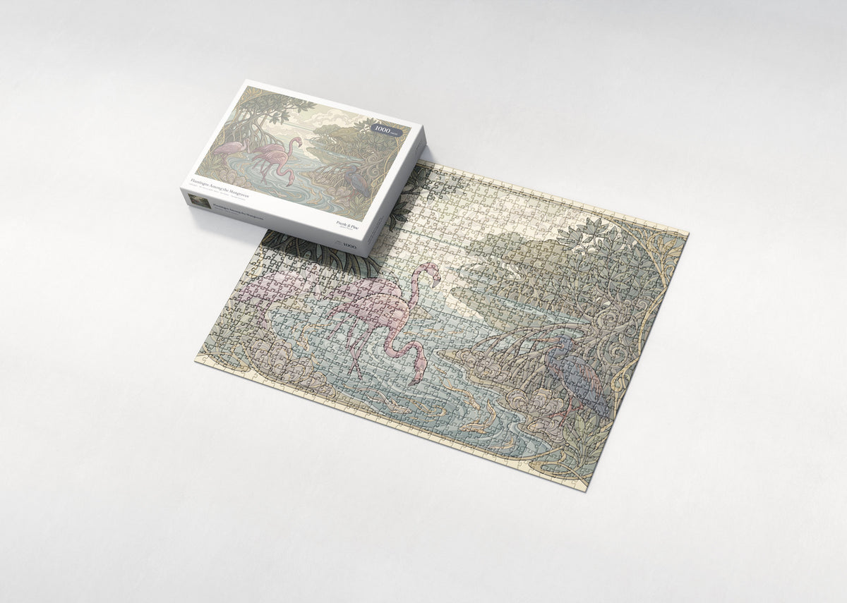 Flamingos Among the Mangroves jigsaw puzzle - box and puzzle
