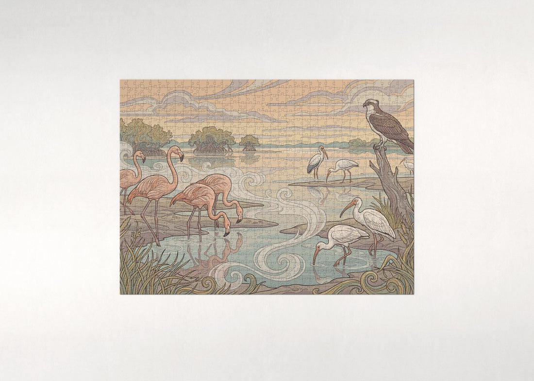 Flamingos at the Everglades Dawn jigsaw puzzle - gift box
