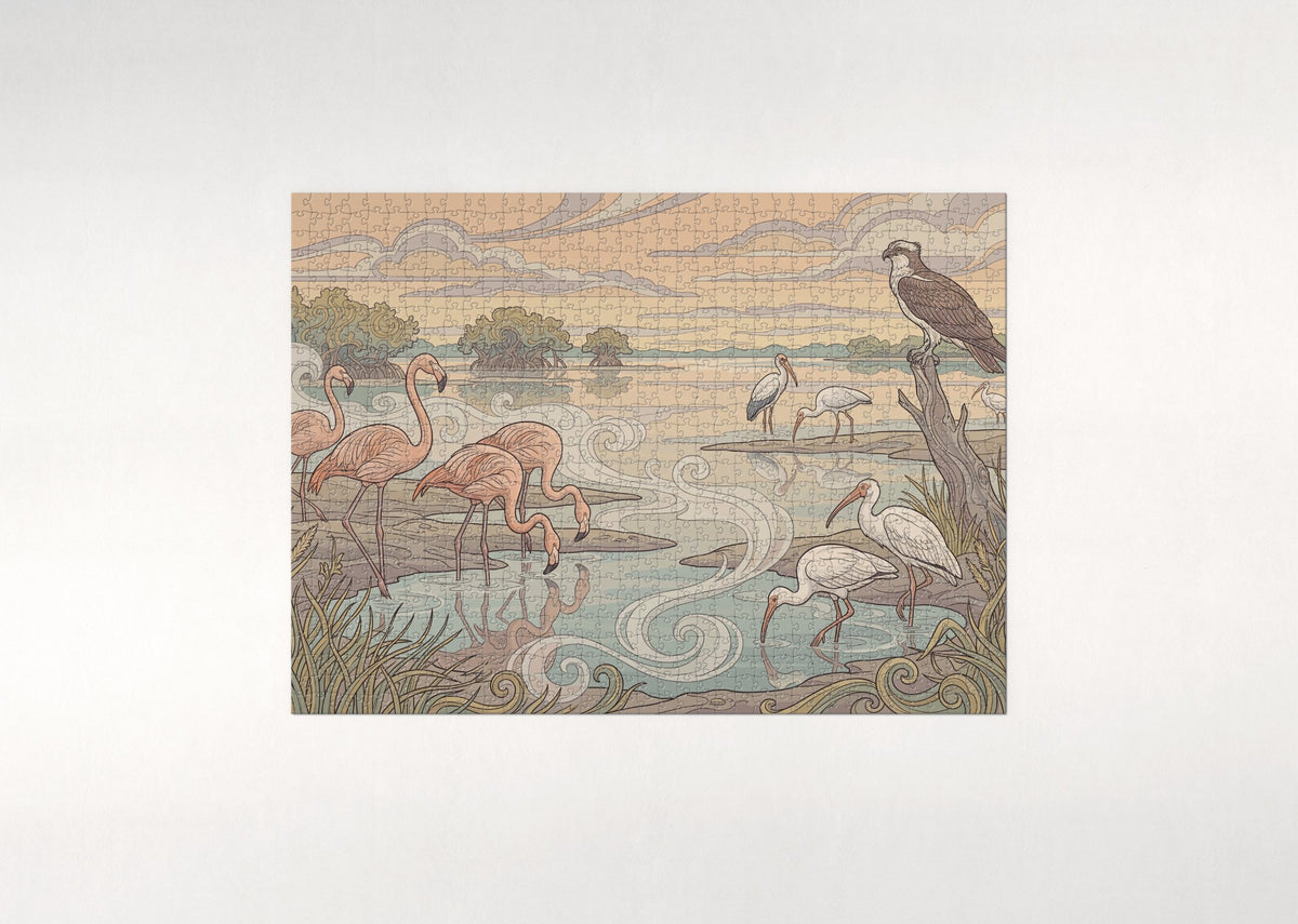 Flamingos at the Everglades Dawn jigsaw puzzle - flat puzzle