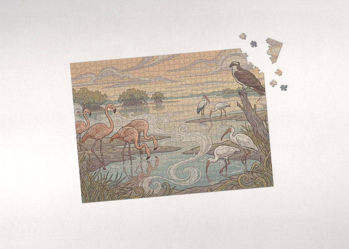 Flamingos at the Everglades Dawn jigsaw puzzle - puzzle with loose pieces