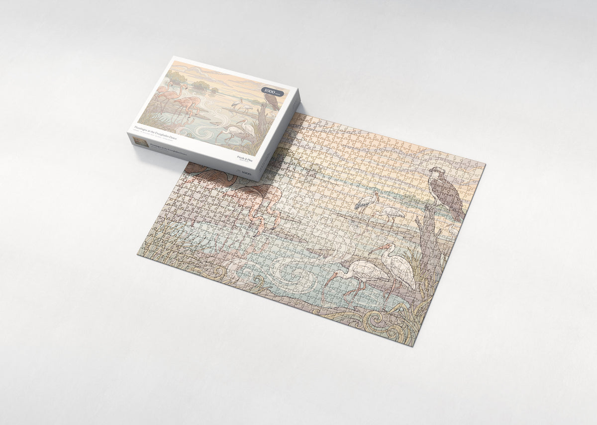 Flamingos at the Everglades Dawn jigsaw puzzle - box and puzzle