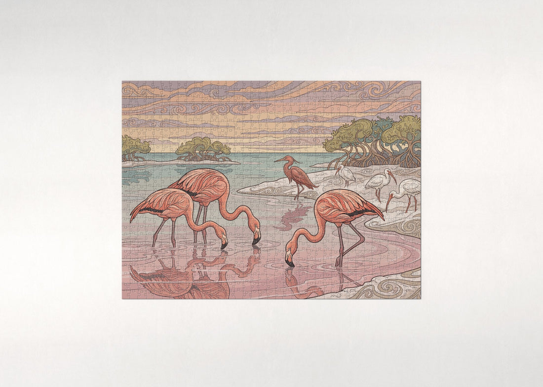 Flamingos at the Pink Lagoon Sunrise jigsaw puzzle - gift box