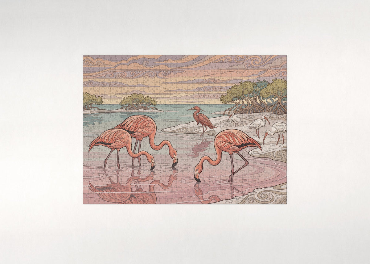 Flamingos at the Pink Lagoon Sunrise jigsaw puzzle - flat puzzle