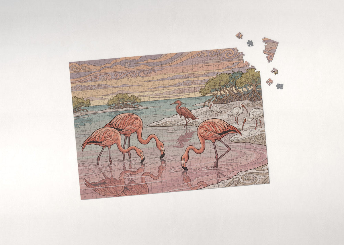 Flamingos at the Pink Lagoon Sunrise jigsaw puzzle - puzzle with loose pieces