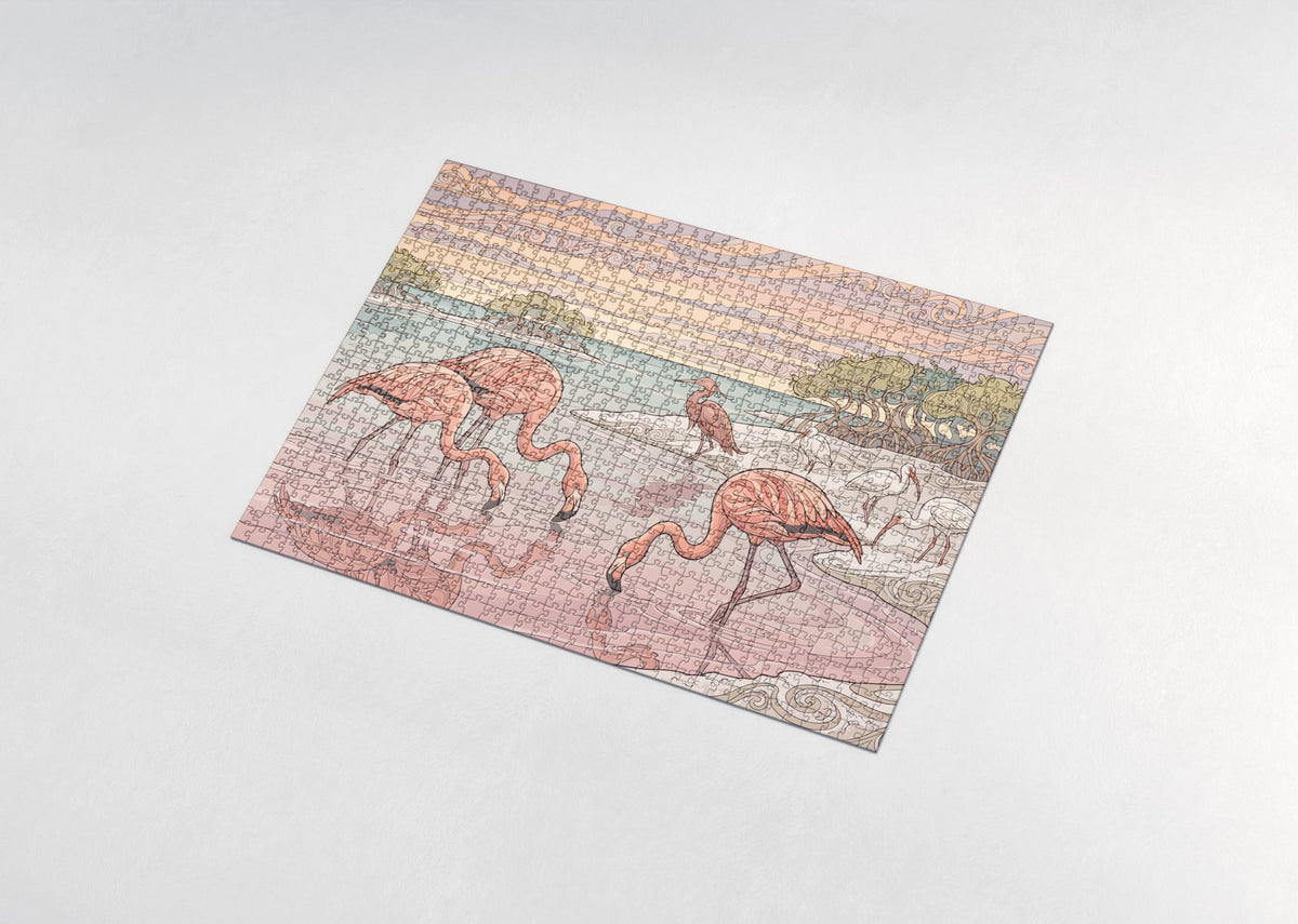 Flamingos at the Pink Lagoon Sunrise jigsaw puzzle - assembled puzzle