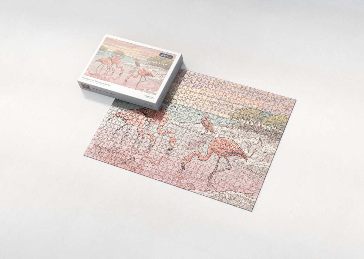 Flamingos at the Pink Lagoon Sunrise jigsaw puzzle - box and puzzle