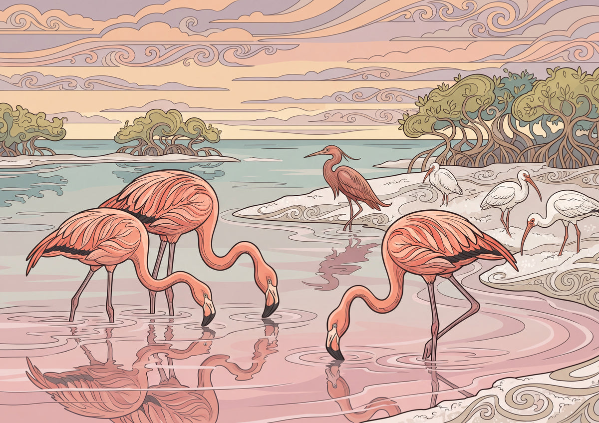 Flamingos at the Pink Lagoon Sunrise jigsaw puzzle