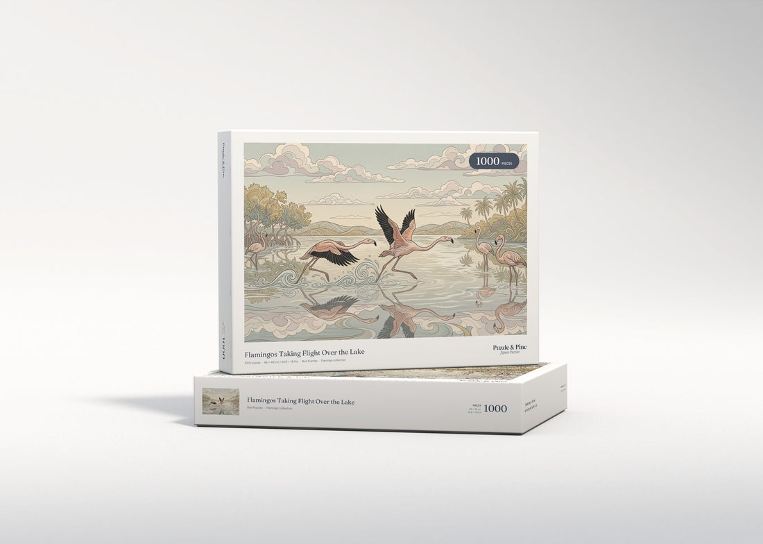 Flamingos Taking Flight Over the Lake jigsaw puzzle - gift box