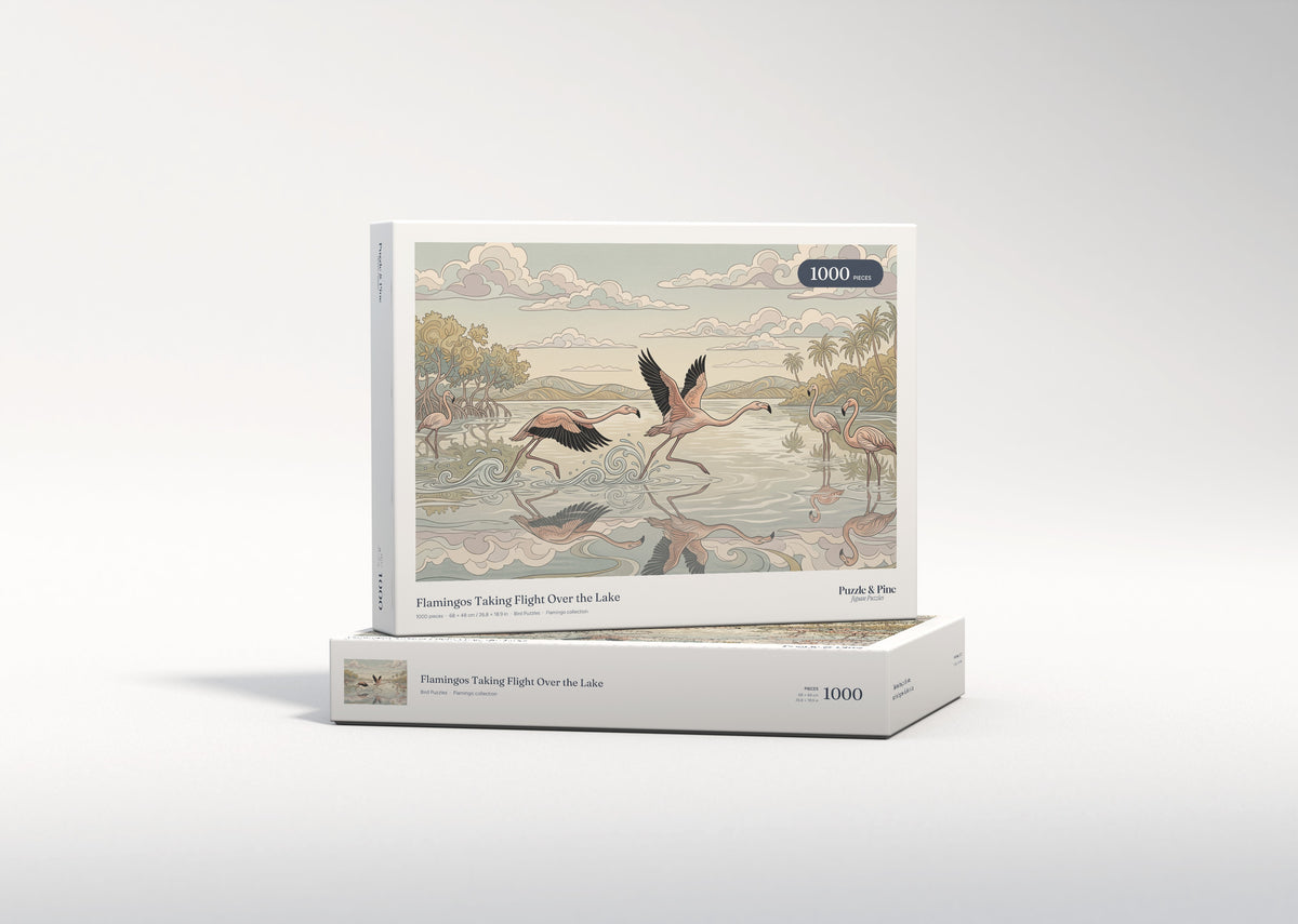 Flamingos Taking Flight Over the Lake jigsaw puzzle - gift box