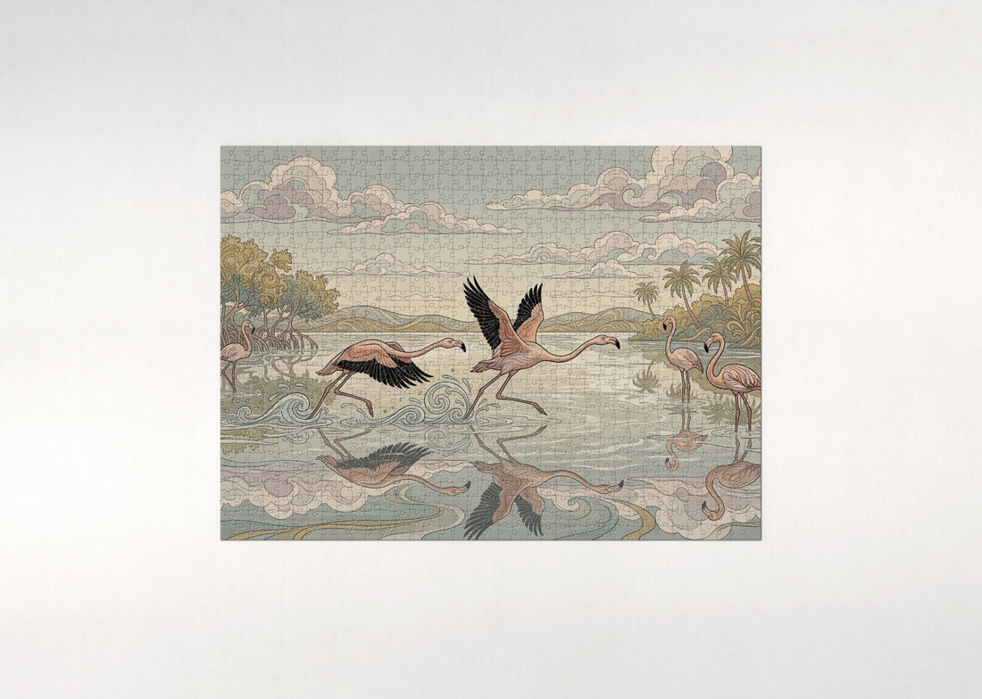 Flamingos Taking Flight Over the Lake jigsaw puzzle - gift box