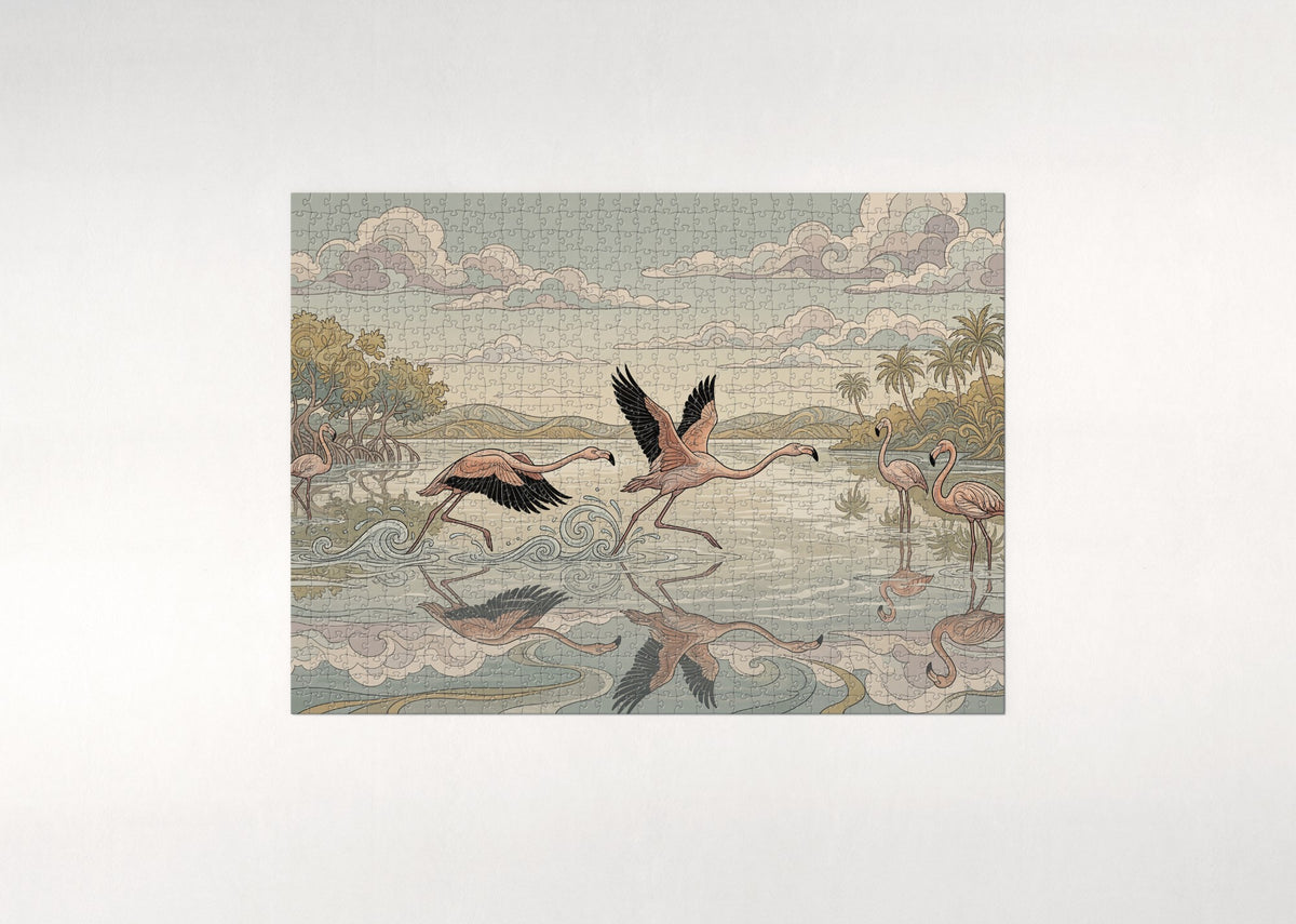 Flamingos Taking Flight Over the Lake jigsaw puzzle - flat puzzle