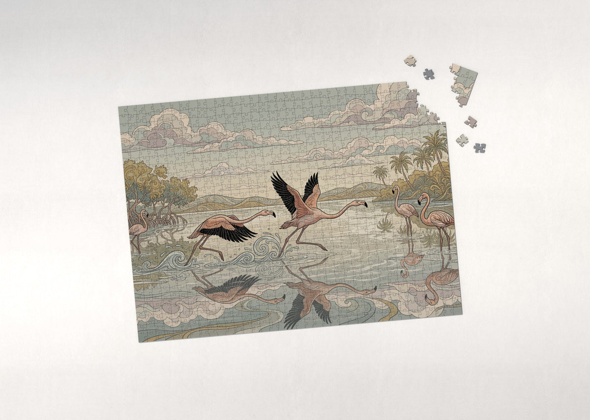 Flamingos Taking Flight Over the Lake jigsaw puzzle - puzzle with loose pieces