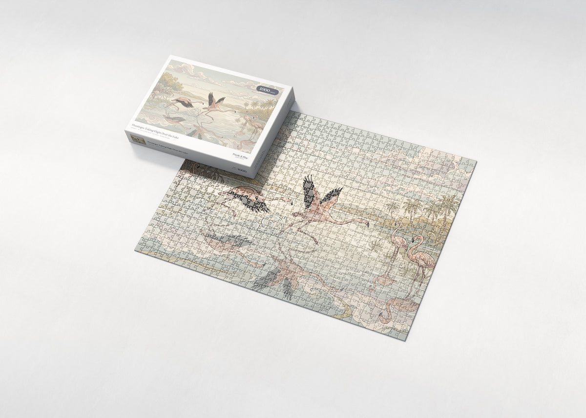 Flamingos Taking Flight Over the Lake jigsaw puzzle - box and puzzle