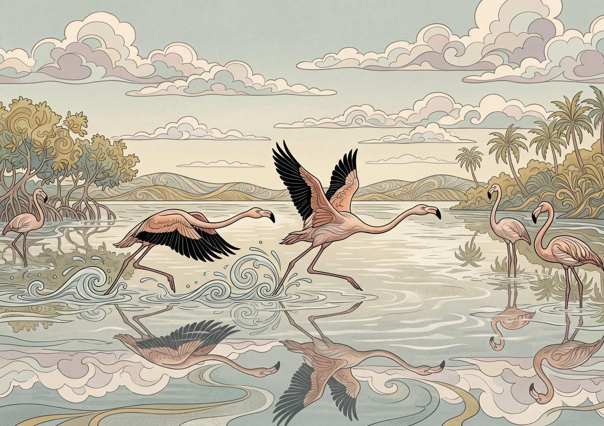 Flamingos Taking Flight Over the Lake jigsaw puzzle