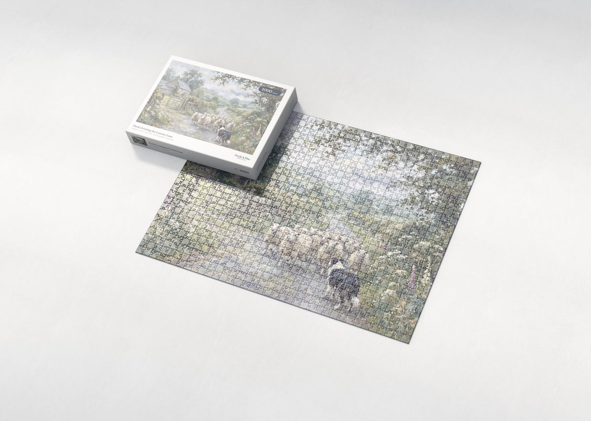 Flock Crossing the Country Lane jigsaw puzzle - box and puzzle