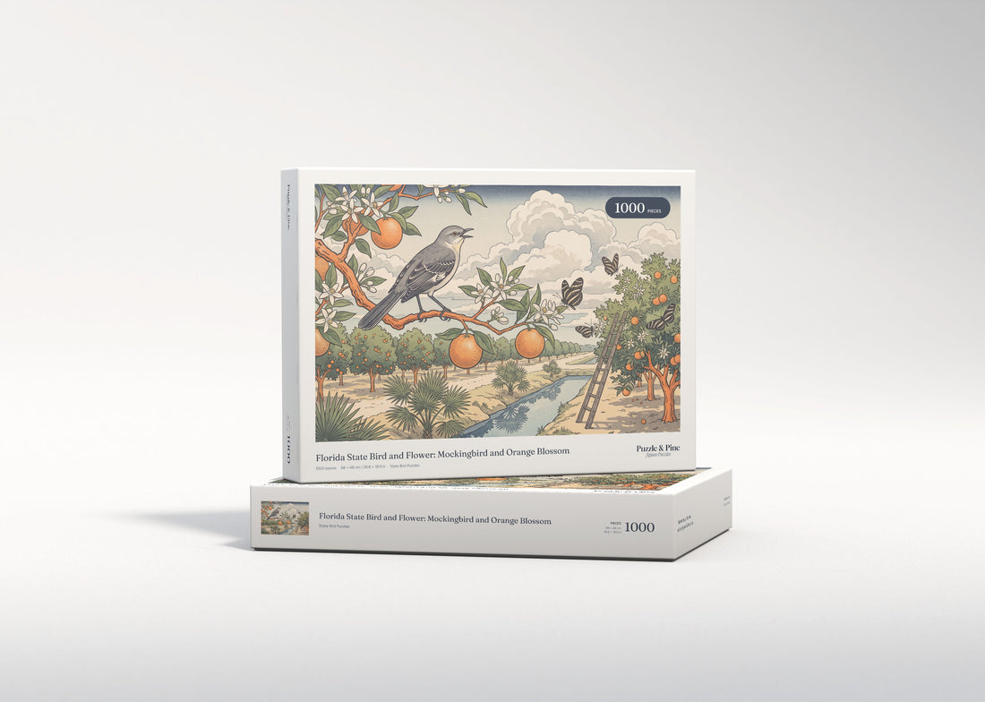 Florida State Bird and Flower: Mockingbird and Orange Blossom jigsaw puzzle - gift box